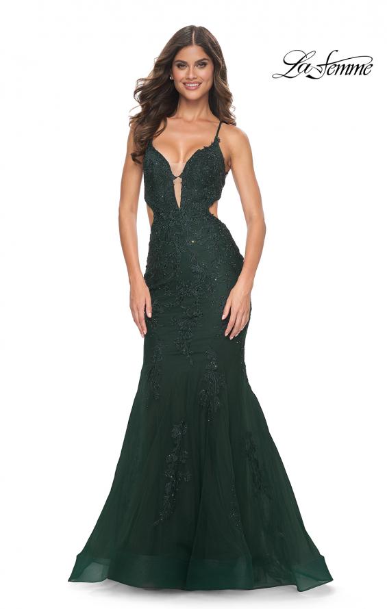 Picture of: Lace and Tulle Mermaid Gown with Side Cut Outs in Jewel Tones, Style 31132, Main Picture