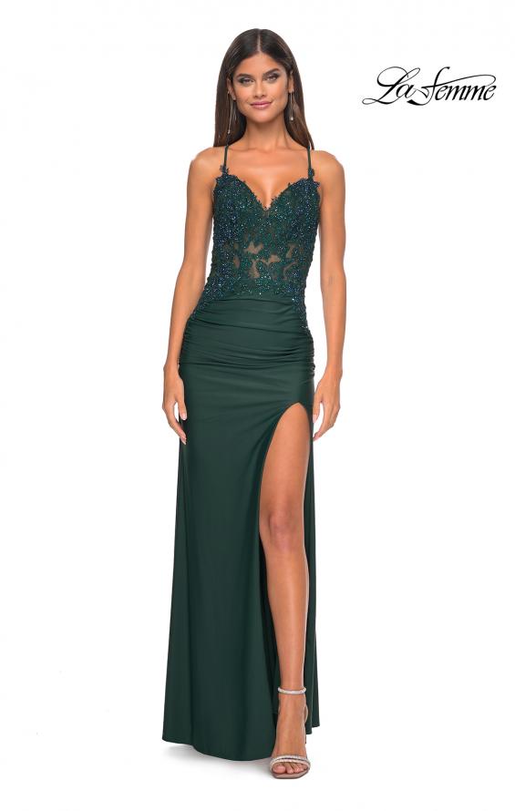 Picture of: Jersey Prom Dress with Illusion Sides and V Neckline in Dark Emerald, Style: 32139, Detail Picture 9