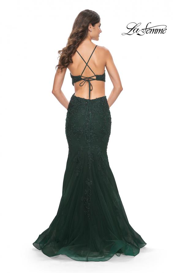 Picture of: Lace and Tulle Mermaid Gown with Side Cut Outs in Jewel Tones, Style 31132, Back Picture