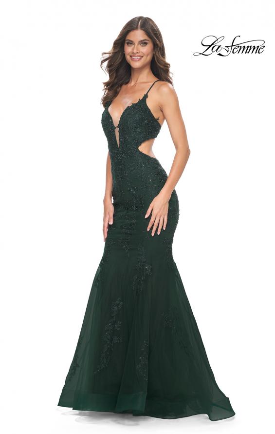 Picture of: Lace and Tulle Mermaid Gown with Side Cut Outs in Jewel Tones, Style 31132, Detail Picture 1