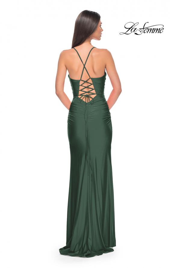 Picture of: Ruched Jersey Prom Dress with Slit in Jewel Tones in Emerald, Style 31130, Detail Picture 6