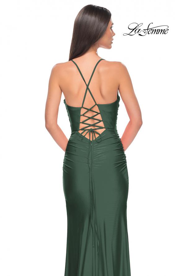 Picture of: Ruched Jersey Prom Dress with Slit in Jewel Tones in Emerald, Style 31130, Detail Picture 7