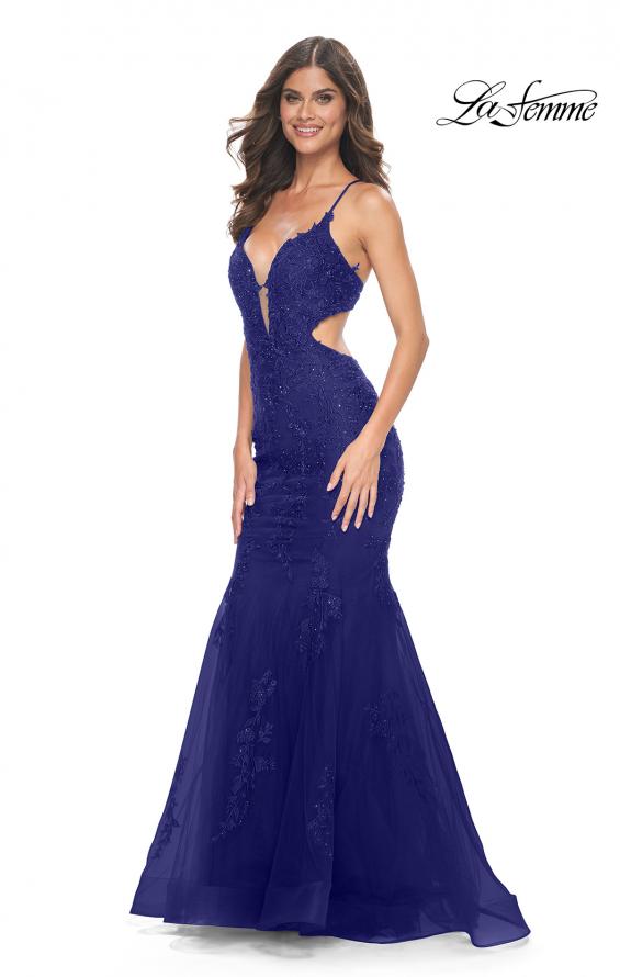 Picture of: Lace and Tulle Mermaid Gown with Side Cut Outs in Jewel Tones in Marine Blue, Style 31132, Detail Picture 7