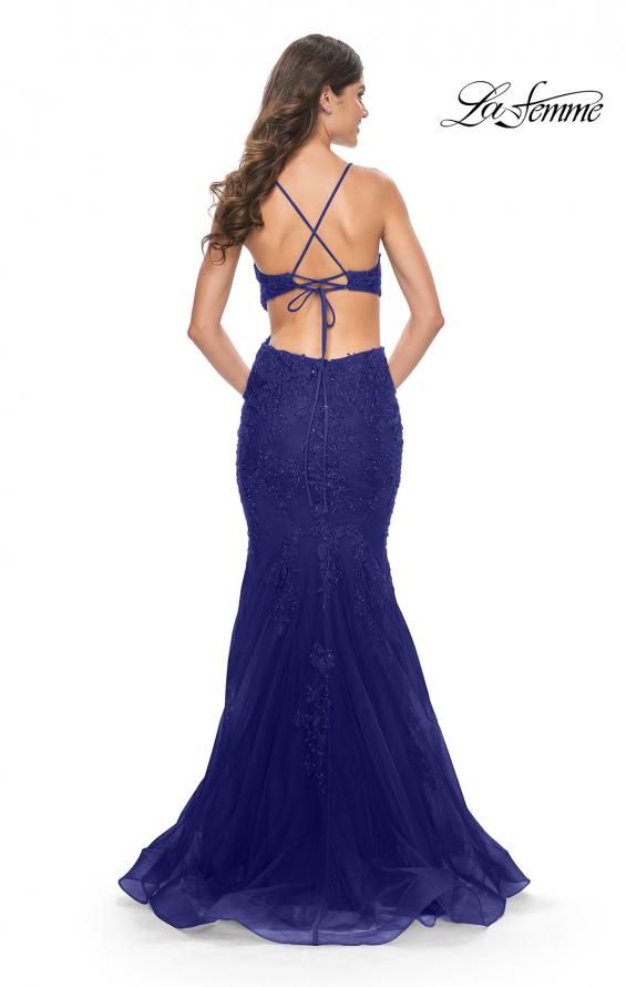 Picture of: Lace and Tulle Mermaid Gown with Side Cut Outs in Jewel Tones in Marine Blue, Style 31132, Detail Picture 9