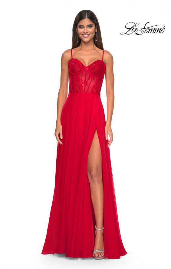 Picture of: Chiffon and Lace Gown with Bustier Top in Red, Style: 32276, Detail Picture 15