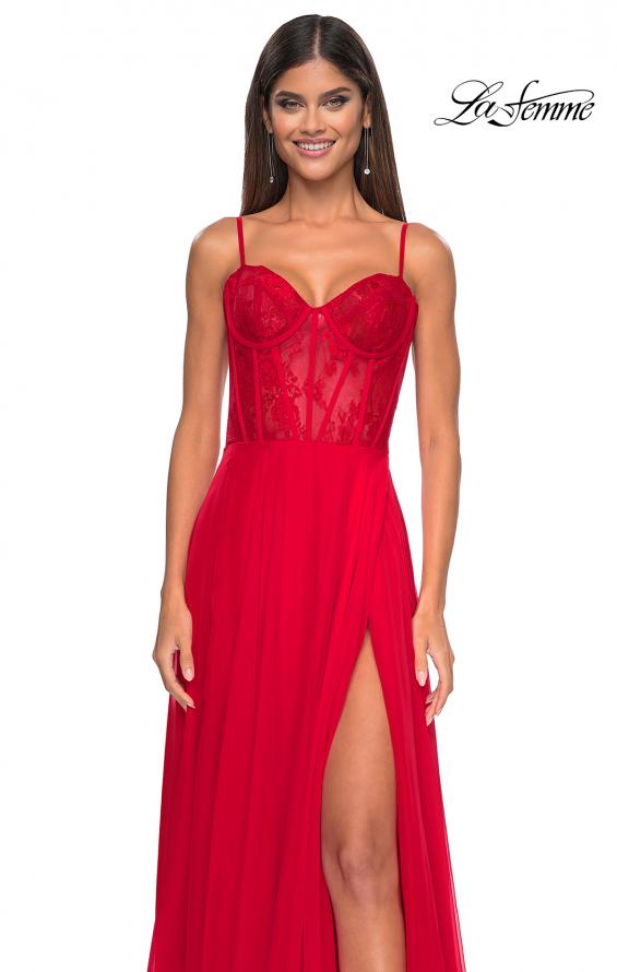 Picture of: Chiffon and Lace Gown with Bustier Top in Red, Style: 32276, Detail Picture 16