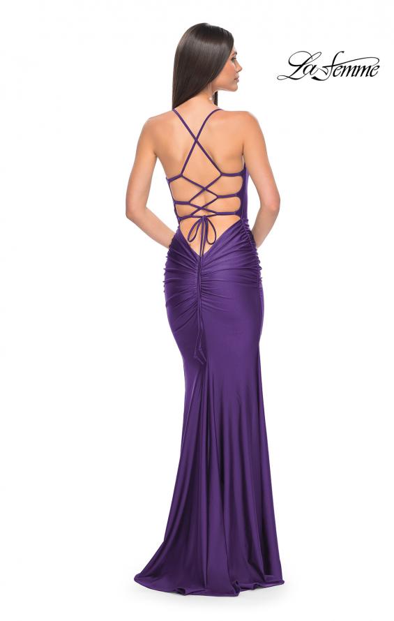 Picture of: Fitted Long Jersey Prom Dress with Ruching and Lace Up Back in Royal Purple, Style: 31618, Detail Picture 11