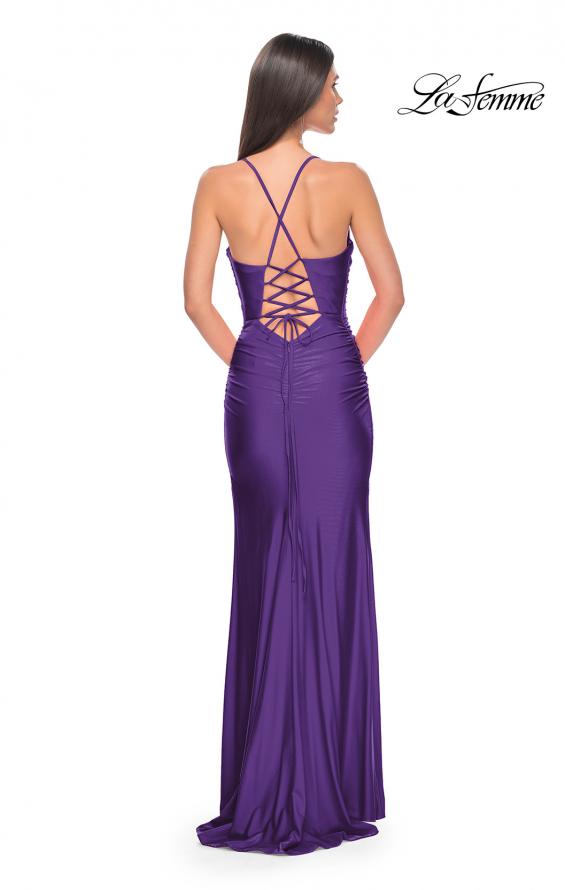 Picture of: Ruched Jersey Prom Dress with Slit in Jewel Tones in Royal Purple, Style 31130, Back Picture