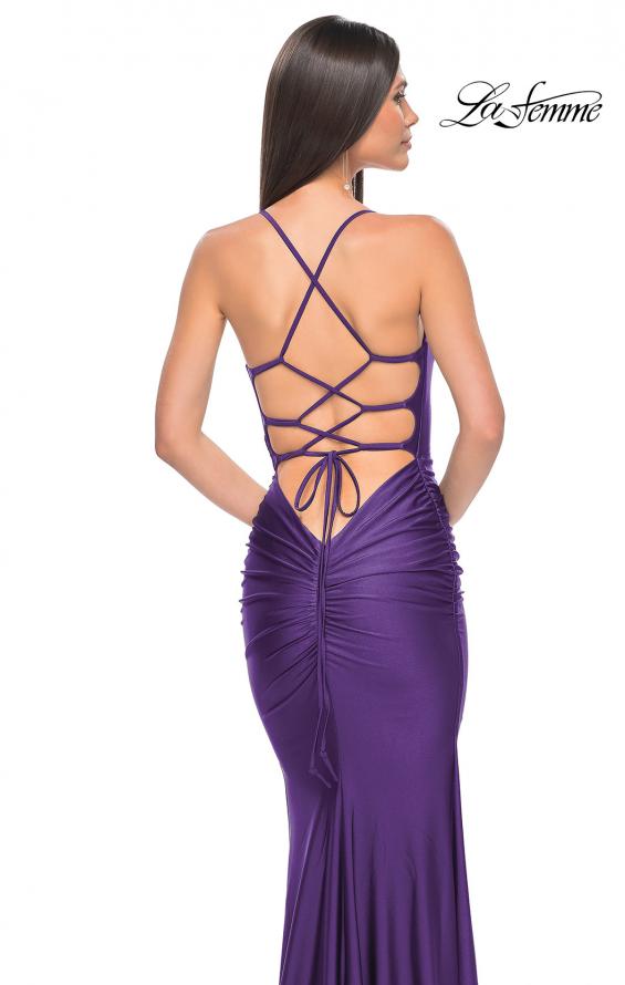 Picture of: Fitted Long Jersey Prom Dress with Ruching and Lace Up Back in Royal Purple, Style: 31618, Detail Picture 21