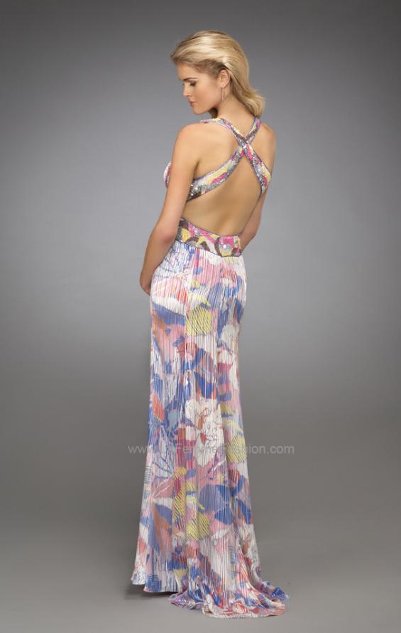 Picture of: Printed V Neck Prom Dress with Rhinestone Detail and Slit in Multi, Style: 12371, Back Picture