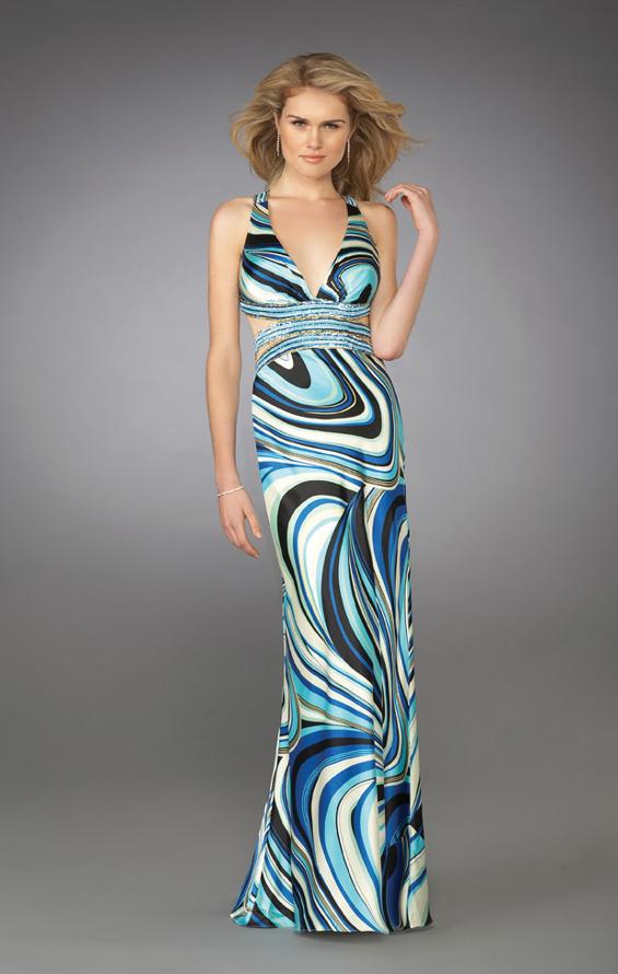 Picture of: Long Printed V Neck Prom Dress with Sequin Detail in Multi, Style: 13267, Main Picture