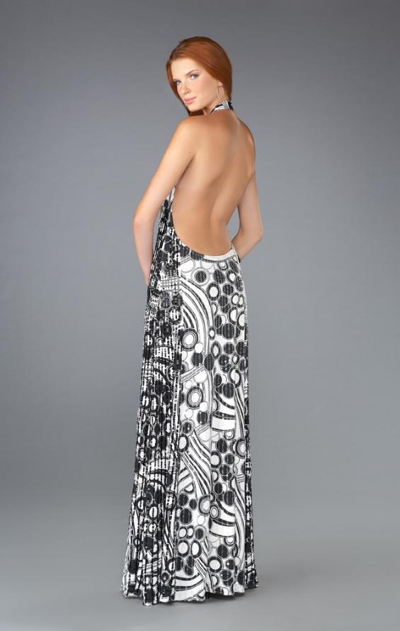 Picture of: Printed Halter Prom Dress with Low Scoop Back in Black White, Style: 13458, Back Picture