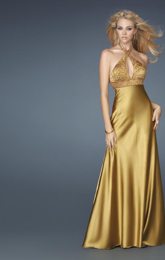 Picture of: Keyhole Halter Prom Dress with Beaded Bodice in Yellow, Style: 13704, Back Picture
