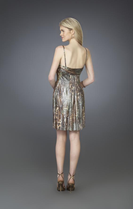 Picture of: Short Printed Cocktail Dress with Spaghetti Straps in Gold Multi, Style: 14024, Back Picture