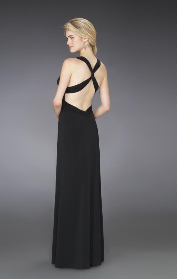 Picture of: Long Prom Gown with Criss Cross Back and Belt in Black, Style: 14180, Back Picture