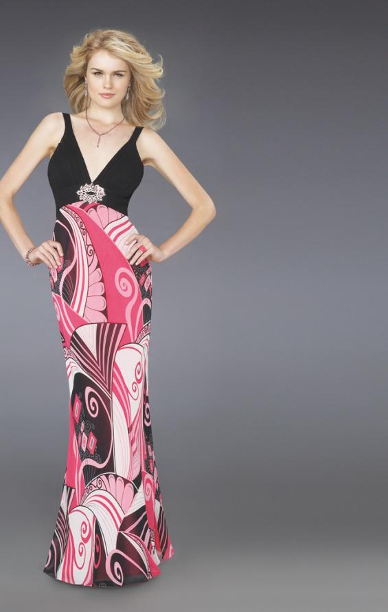 Picture of: Low V Neck Long Prom Dress with Printed Skirt in Multi, Style: 14271, Main Picture