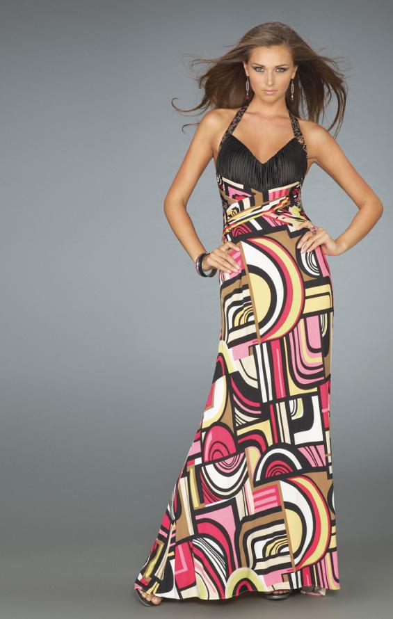 Picture of: Long Halter Prom Dress with Printed Skirt and Pleats in Multi, Style: 14283, Main Picture