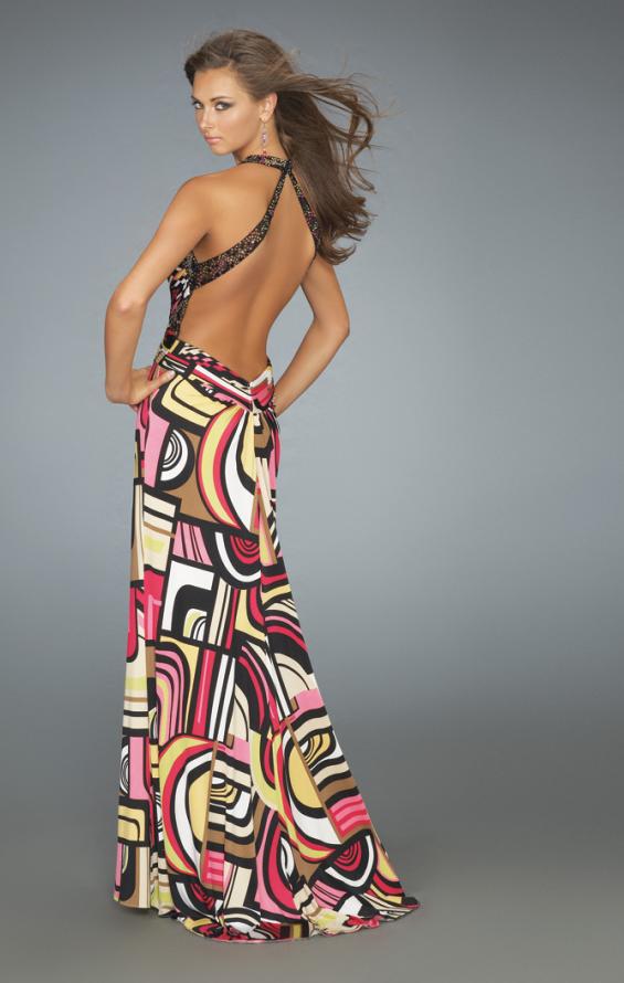Picture of: Long Halter Prom Dress with Printed Skirt and Pleats in Multi, Style: 14283, Back Picture