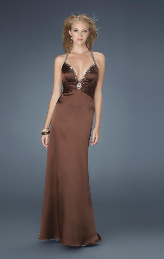 Picture of: Low V Neck Halter with Criss Cross Back and Beading in Brown, Style: 14303, Main Picture