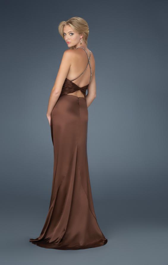 Picture of: Low V Neck Halter with Criss Cross Back and Beading in Brown, Style: 14303, Back Picture