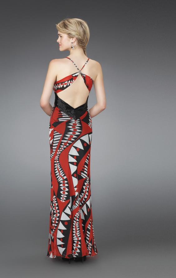 Picture of: Long Printed Halter Gown with Beaded Sash in Multi, Style: 14359, Back Picture