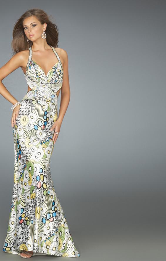 Picture of: Geo Print Prom Gown with Pleated Bust and Beaded Train in Multi, Style: 14400, Main Picture