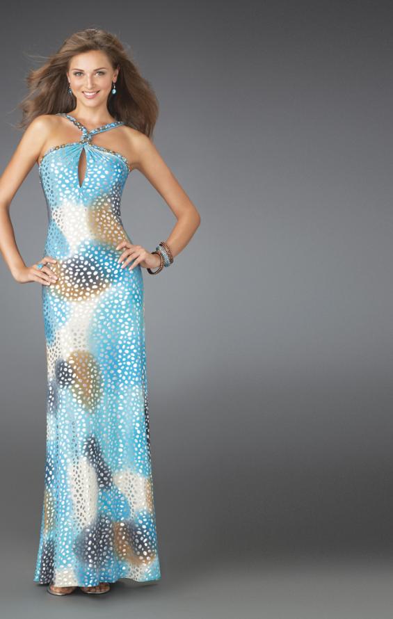 Picture of: Printed Keyhole Halter Prom Dress with Twisted Back in Blue, Style: 14401, Main Picture