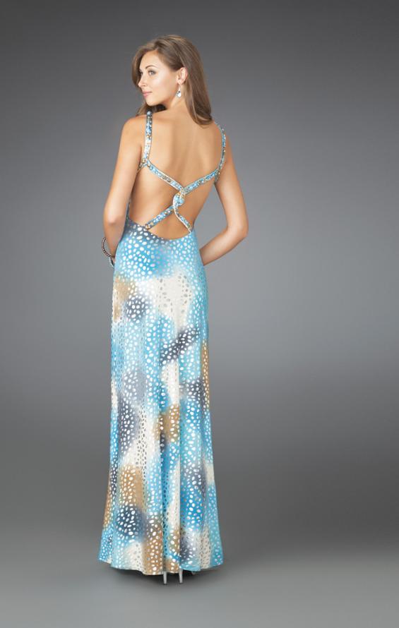 Picture of: Printed Keyhole Halter Prom Dress with Twisted Back in Blue, Style: 14401, Back Picture
