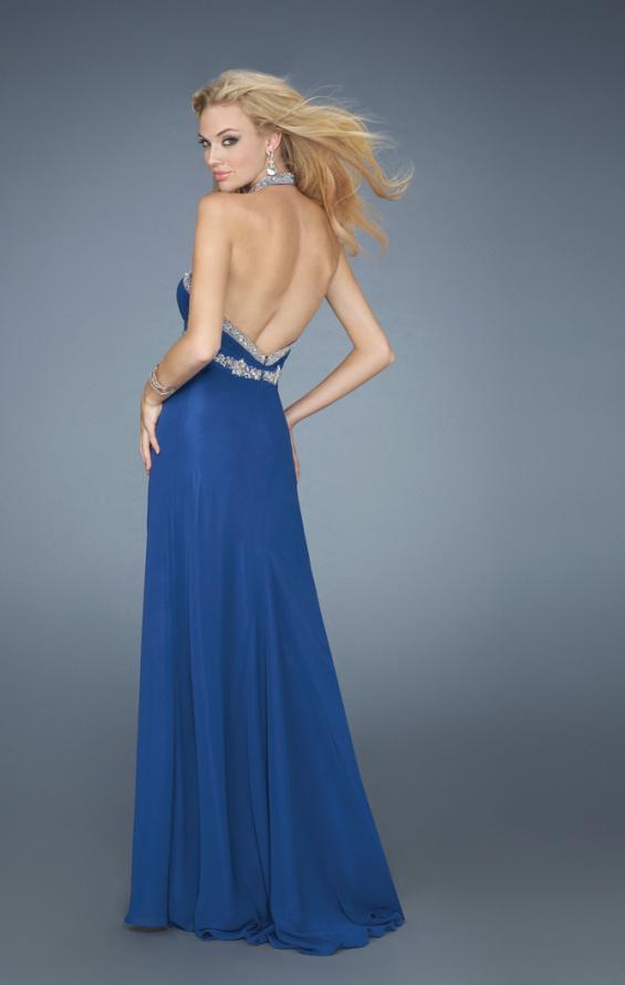 Picture of: Halter Prom Gown with Beaded Straps and Belt in Blue, Style: 14452, Back Picture