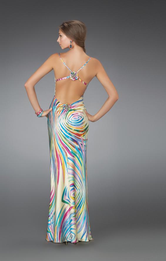 Picture of: Multi Colored Print Satin Dress with Floral Broach Detail in Multi, Style: 14469, Detail Picture 1