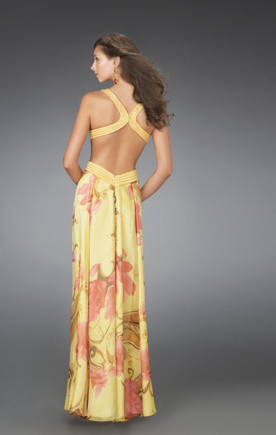 Picture of: Long Printed Prom Gown with Cut Outs and Open Back in Yellow, Style: 14529, Back Picture