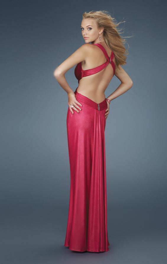 Picture of: Ruched Long Prom Dress with Cut Outs and Beads in Pink, Style: 14554, Back Picture