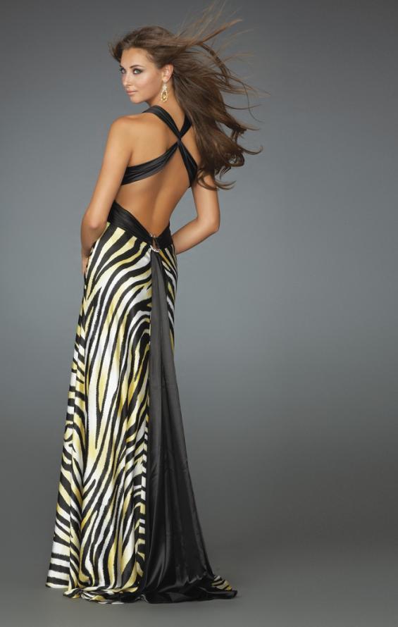 Picture of: Zebra Print Prom Dress with Deep V Neck in Yellow, Style: 14588, Back Picture