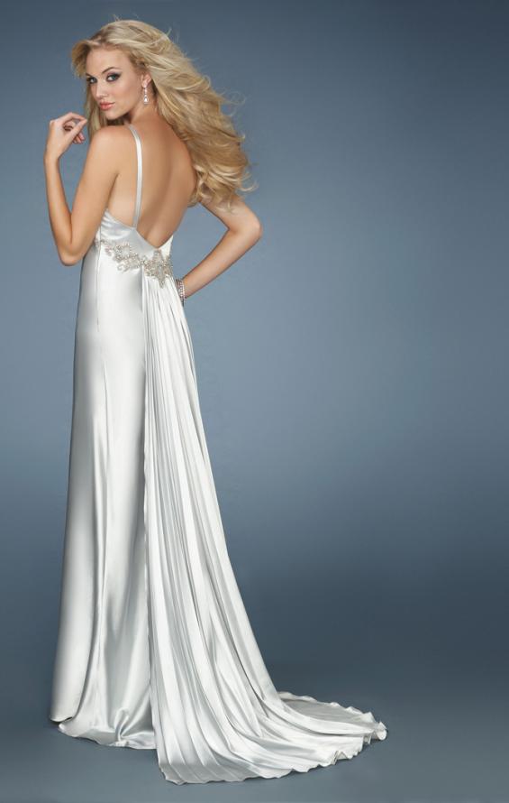 Picture of: Long Prom Dress with V Neckline and Empire Waist Belt in White, Style: 14710, Back Picture