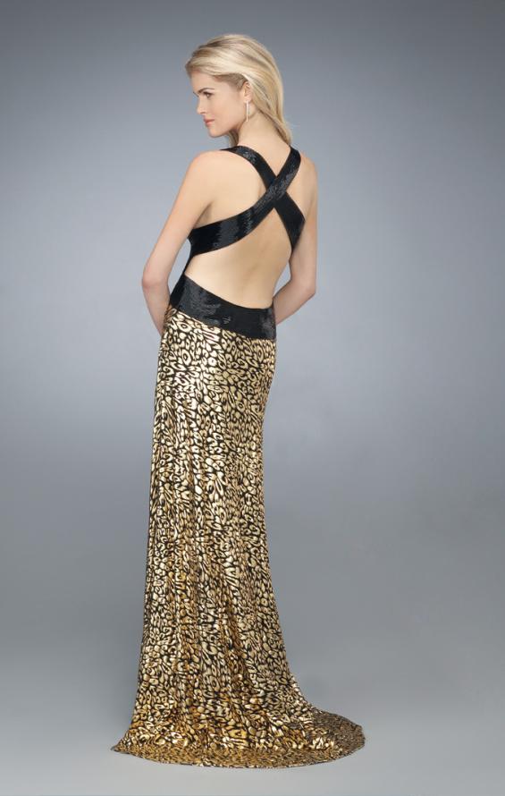 Picture of: Long Printed Deep V Gown with Criss Cross Back in Gold, Style: 14734, Detail Picture 1