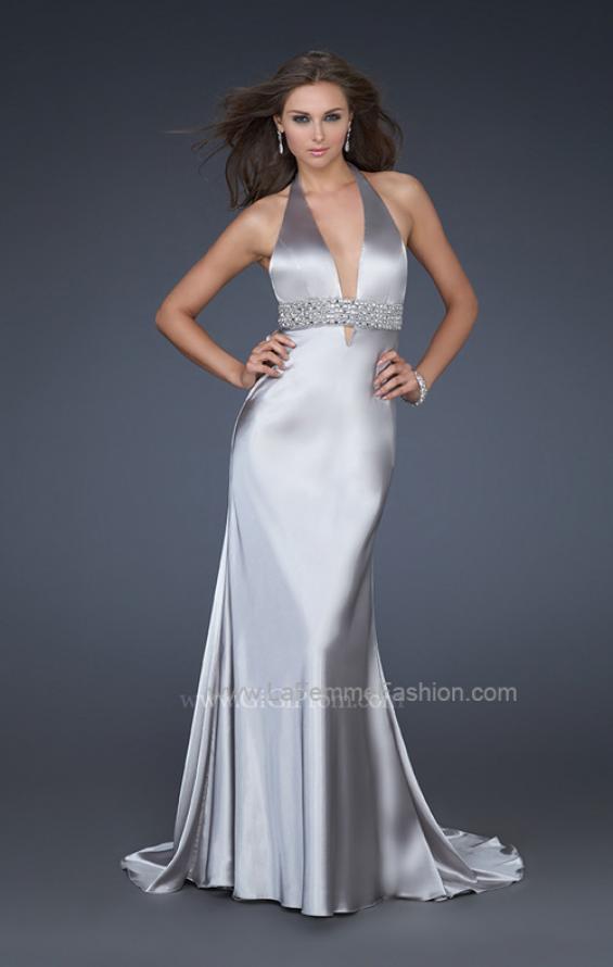 Picture of: Halter Neck Deep V Prom Gown with Beaded Belt and Train in Silver, Style: 14743, Main Picture