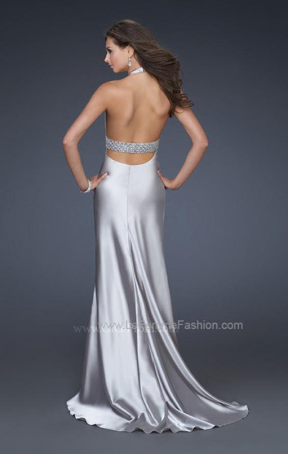 Picture of: Halter Neck Deep V Prom Gown with Beaded Belt and Train in Silver, Style: 14743, Back Picture