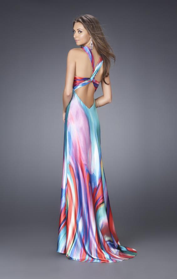 Picture of: Multi Color Print Gown with Broach and V Back Straps in Multi, Style: 15025, Back Picture