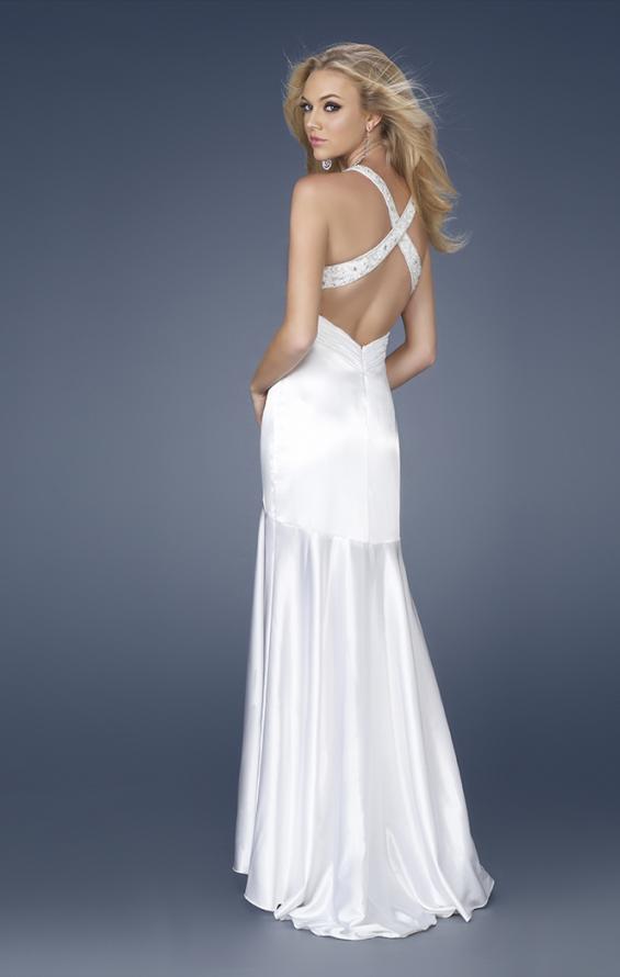 Picture of: Satin Long Mermaid Gown with Beaded Straps in White, Style: 15119, Back Picture