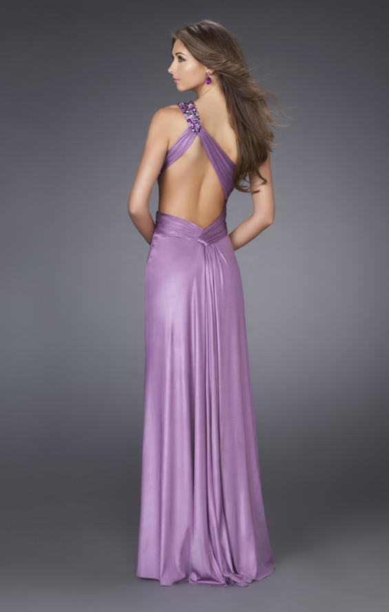 Picture of: Jersey One Shoulder Dress with Jeweled Strap and Slit in Purple, Style: 15172, Back Picture