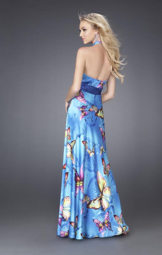 Picture of: Butterfly Print Long Halter Satin Prom Dress in Blue Multi, Style: 15228, Back Picture