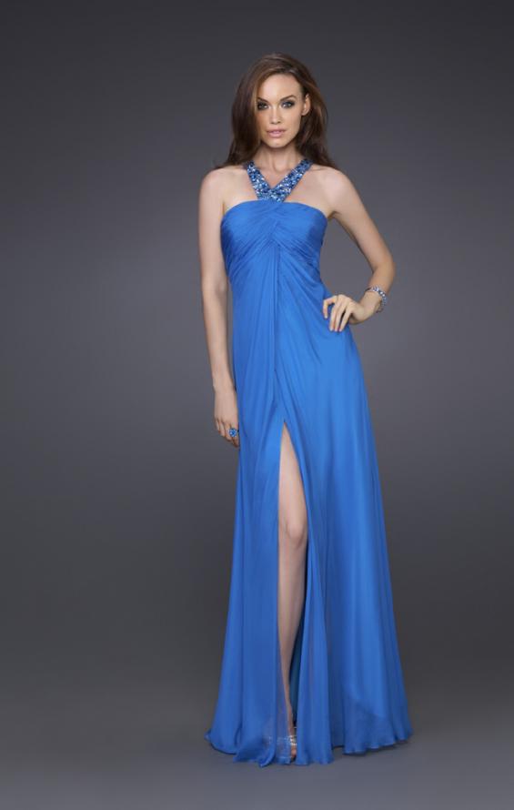 Picture of: Silk Gown with Beaded Straps, Ruching, and Open Back in Blue, Style: 15245, Main Picture