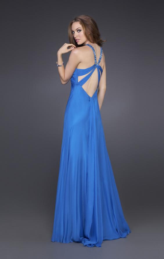 Picture of: Silk Gown with Beaded Straps, Ruching, and Open Back in Blue, Style: 15245, Back Picture