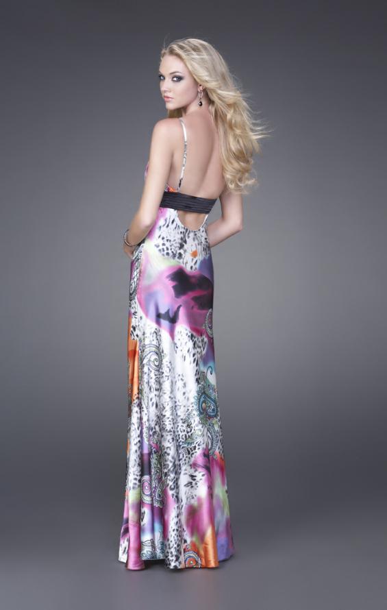 Picture of: Scoop Neck Satin Dress with Black Waist Band in Multi, Style: 15301, Back Picture