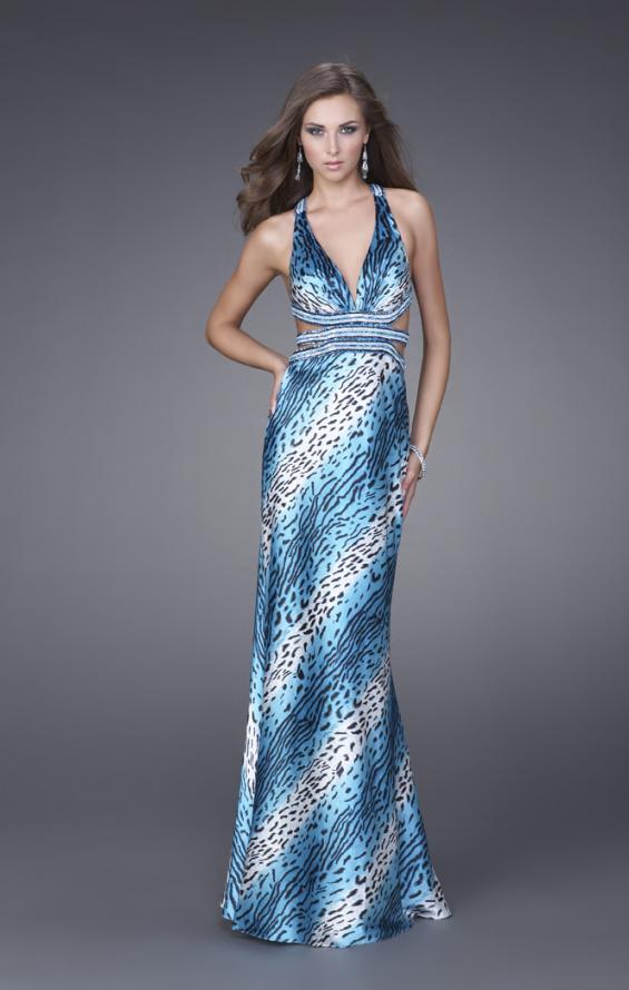 Picture of: Leopard Print Gown with Cut Out Sides and Beaded Straps in Blue, Style: 15349, Back Picture