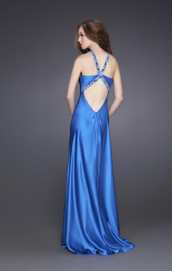 Picture of: Sleek Gown with Key Hole Neckline and Open Back in Blue, Style: 15578, Back Picture
