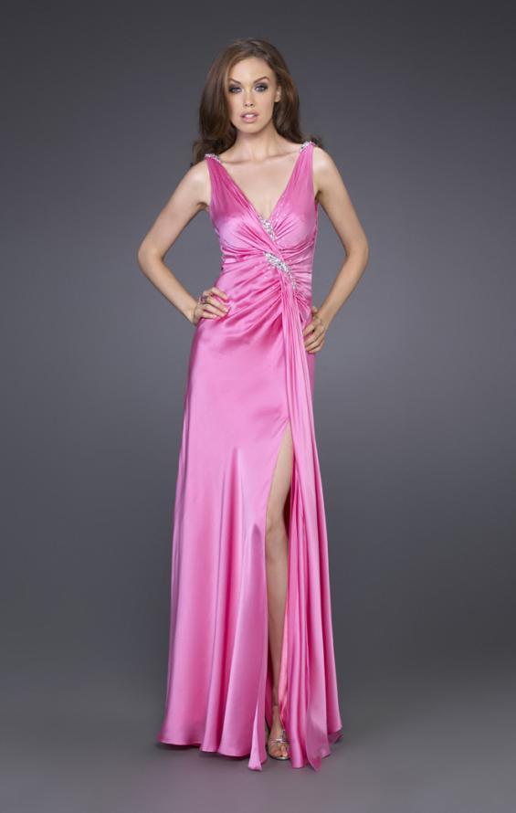 Picture of: Long Silk Gown with V Neck and Beaded Detail in Pink, Style: 15599, Main Picture