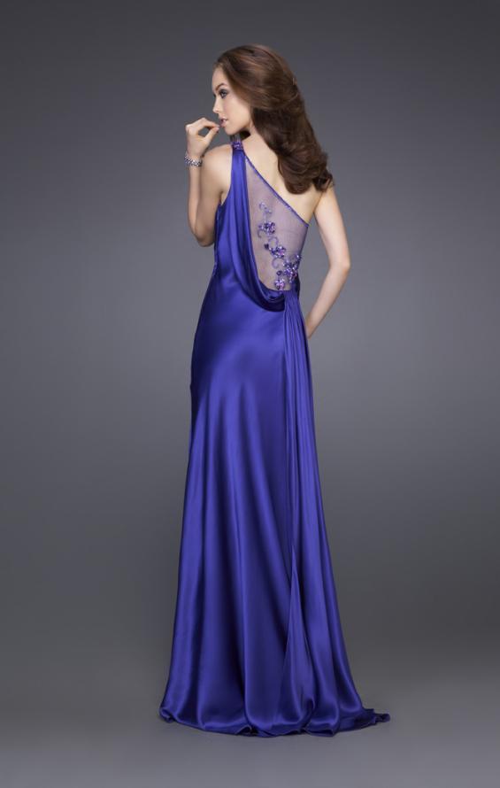 Picture of: Satin One Shoulder Gown with Illusion Back and Floral Detail in Purple, Style: 15683, Back Picture