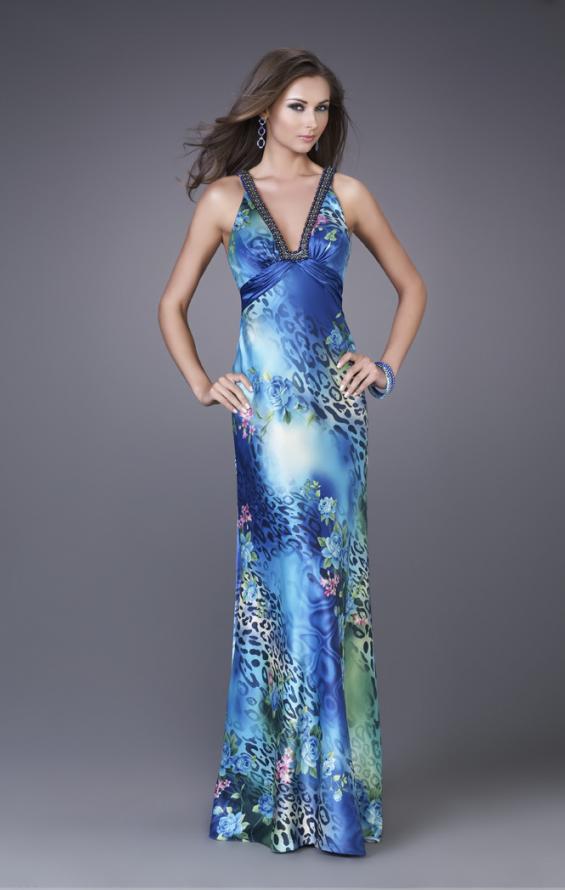 Picture of: Leopard Print Floral Satin Gown with Beaded Straps in Blue, Style: 15734, Main Picture