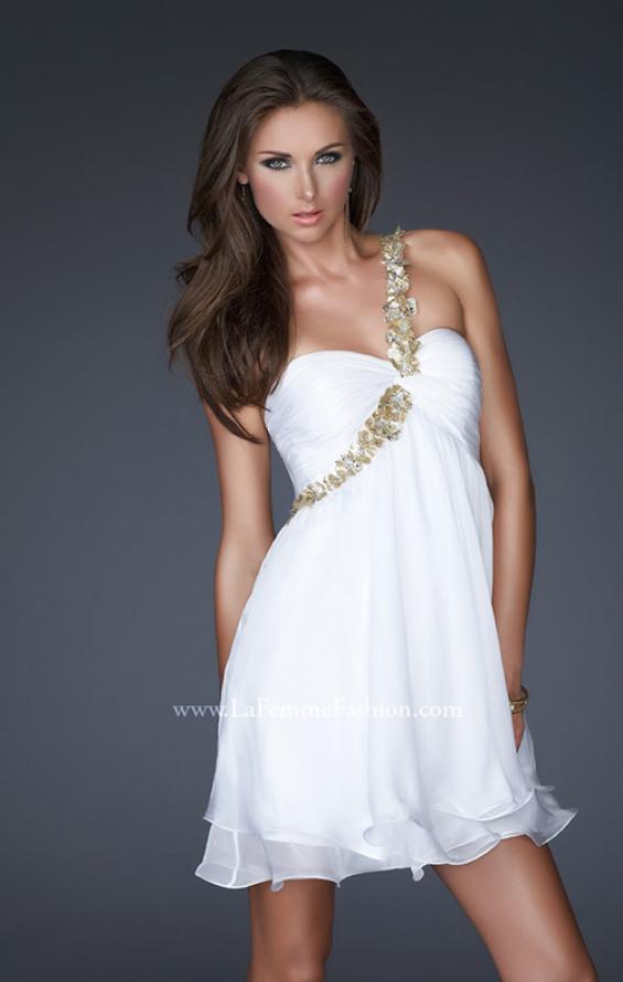 Picture of: Short Chiffon Cocktail Dress with Floral Strap Detail in White, Style: 16060, Main Picture